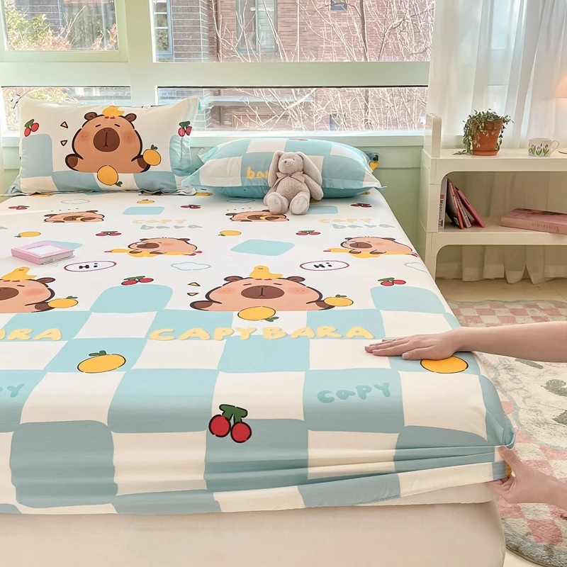 Cute Capybara Pattern Fitted Sheet Queen 100% Cotton Cartoon Bed Cover Plaid Print Mattress Cover Elastic Bedding for Kids Teens 4