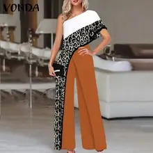 

VONDA Summer Skew Collar One Shoulder Long Jumpsuits Women Sexy Leopard Printed Wide Leg Overalls Palazzo Pants Pantalon Femme