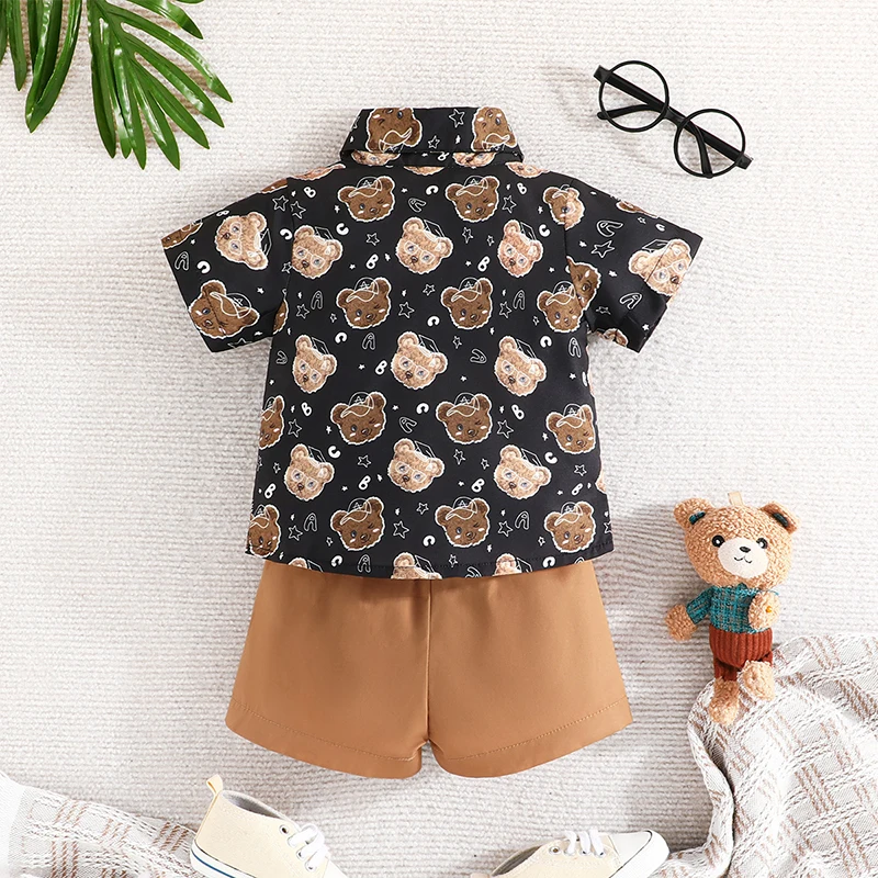 Toddler Boy Gentleman Outfit Baby Boy Clothing Bear Print Short Sleeves Shirt with Bow Tie and Shorts Set for Formal Wear baby boy outfits,boys shorts set