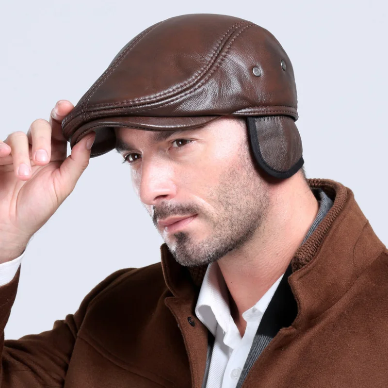 Beret Hat Men's outdoor leather hat winter Berets male warm Ear protection cap genuine leather dad hat Leisure bone