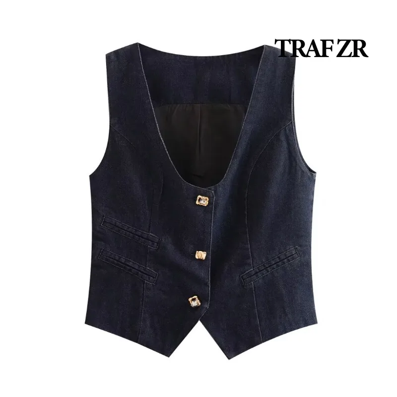 

TRAF ZR Demin Vest for Women Spring Sleeveless New in Outerwears Femme Chic Y2k American Vintage Bolero Women's Vests 2024 Top