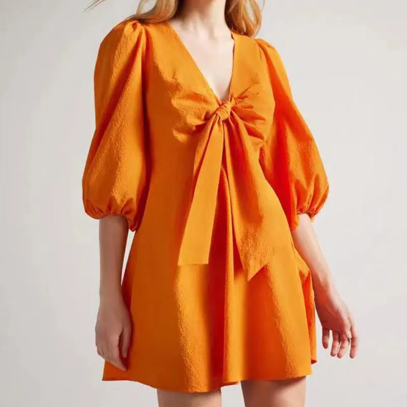

Original Orange Puff Sleeves Bow Collar Mini Dress UK Fashion Size 0 1 2 3 4
