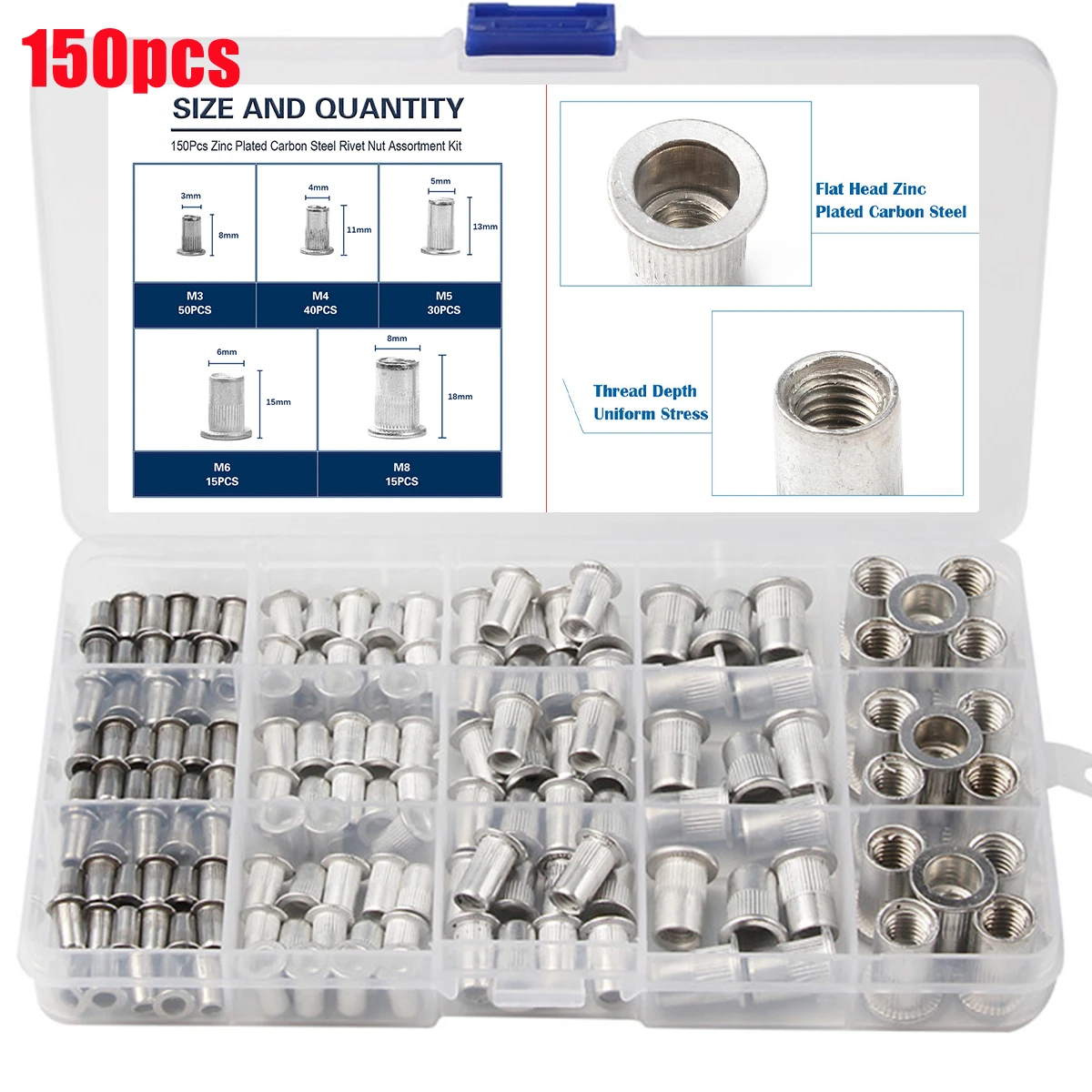 Kit De 150 écrous à Rivets En Aluminium - Assortiment Métrique M3 M4 M5 M6 M8 - Pour Bricolage, Réparations, Montages