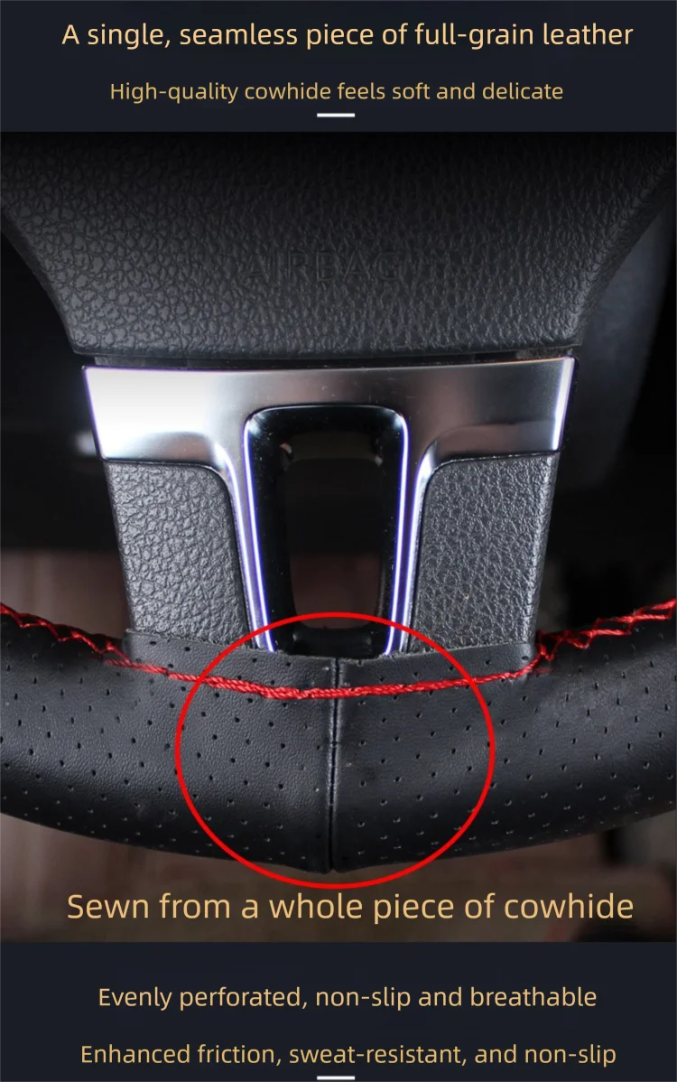 Universeller Auto-Lenkradbezug aus echtem Leder, extra groß, 37–38 cm, 15 Zoll, weich, rutschfest, handgenäht, Auto-Innenzubehör – Detail 5