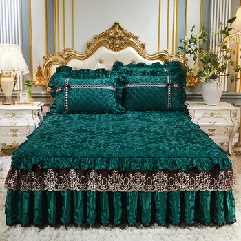 Luxury Bedding Set Home European Lace Bed Skirt Height 45cm Velvet Queen/King Size Bed Sheets Set Duvet Cover and Pillowcases