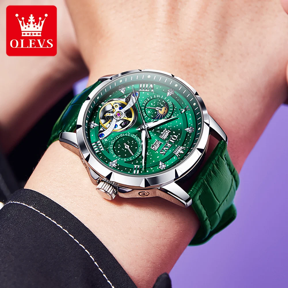 OLEVS 6690 Watch Man Hollow Skeleton Moonswatch Mechanical Watch For Men Date Deep Waterproof Luminous Moon Phase Men Wristwatch