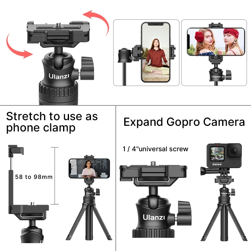 Ulanzi MT-34 Extendable Tripod for GoPro Phone Camera 3 in 1 Design Tripod Selfie Stick with Phone Holder 360° Ballhead Mount