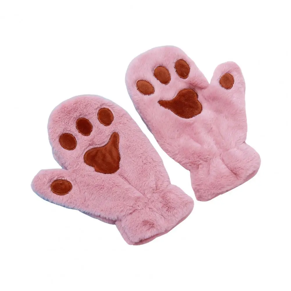 1 Pair Women Winter Mittens Cartoon Cat Paw Shape Thick Plush Gloves Heat Retention Outdoor Skiing Cycling Gloves