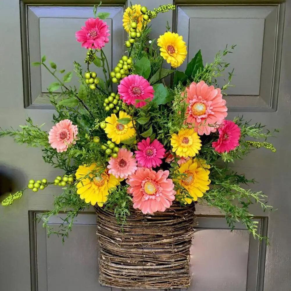 

Spring Summer Door Hanger Basket Wreath Romantic Non-withered Chrysanthemum Flowerpot Garland Welcome Sign Front Door Decoration
