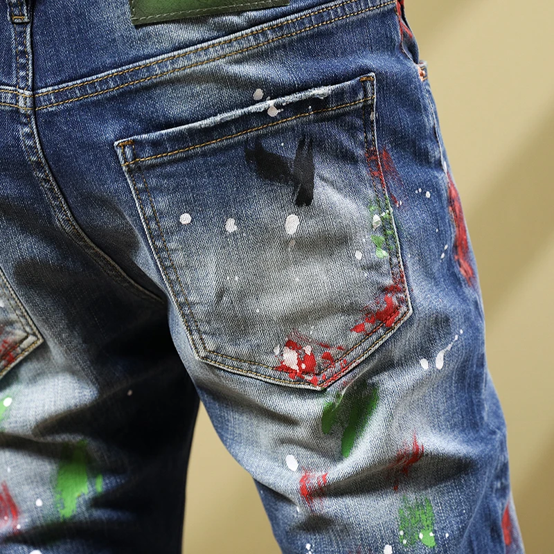 High Street Fashion Men Jeans Stretch Trousers Retro Blue Elastic Skinny Ripped Jeans Men Painted Designer Hip Hop Pants Hombre