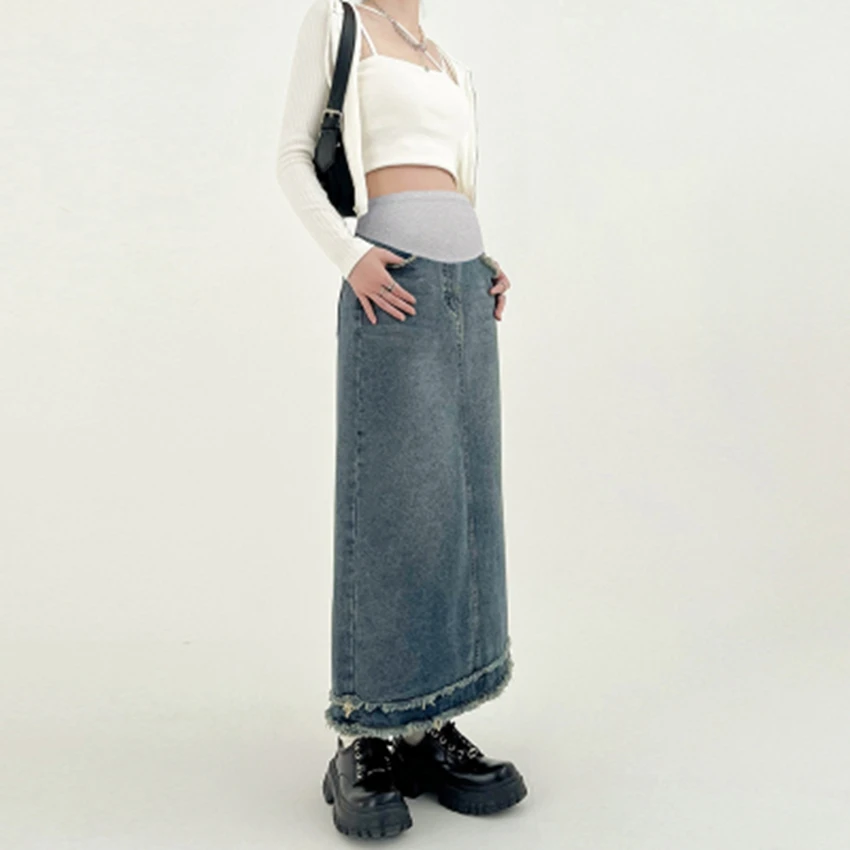 Fashionable Pregnant Women's Denim Skirt Spring/Summer High Waist Mid length Support A-line Skirt Fur hem long skirt