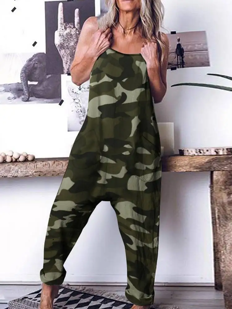 Women Camouflage Printed Jumpsuits Celmia 2023 Summer Spaghetti Strap Casual Loose Drop-Crotch Long Rompers Harem Pants Overalls