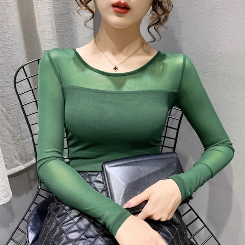Autumn Winter Round Neck T shirt Women Sexy Mesh Bottoming Shirt Long Sleeve Solid Color Slim Fit Long Sleeve Casual Tops 6