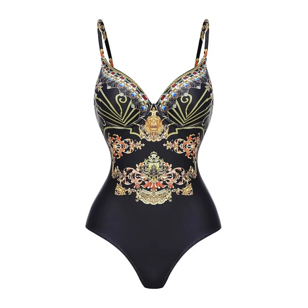 New Sling Black and Gold Printed One-piece Swimsuit Suit Surf Wear Swimwear Women Cover Up Bathing Suit Summer Beach Wear