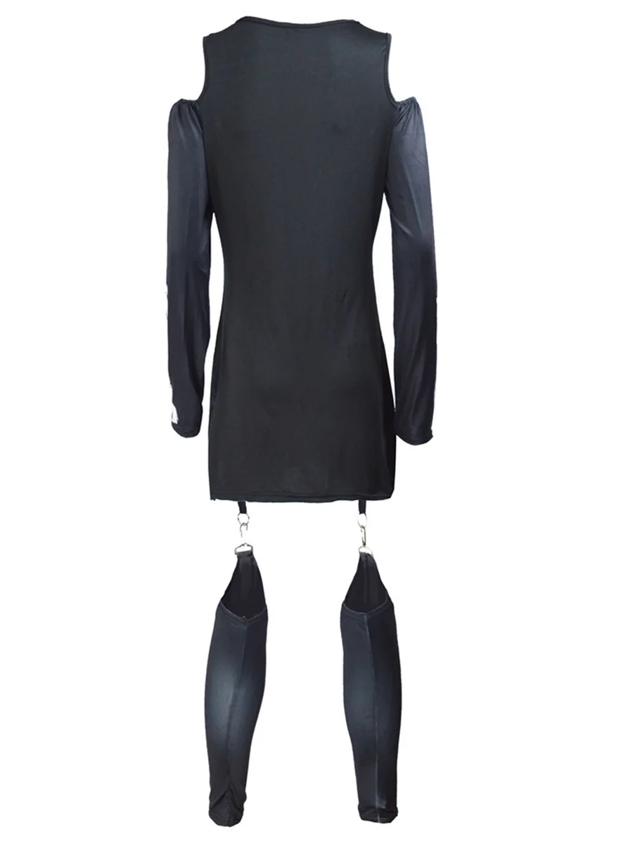 Women s Halloween Costume Off-Shoulder Long Sleeve V-Neck Vampire Printed Dress with Cape and Fangs Accessory Kit