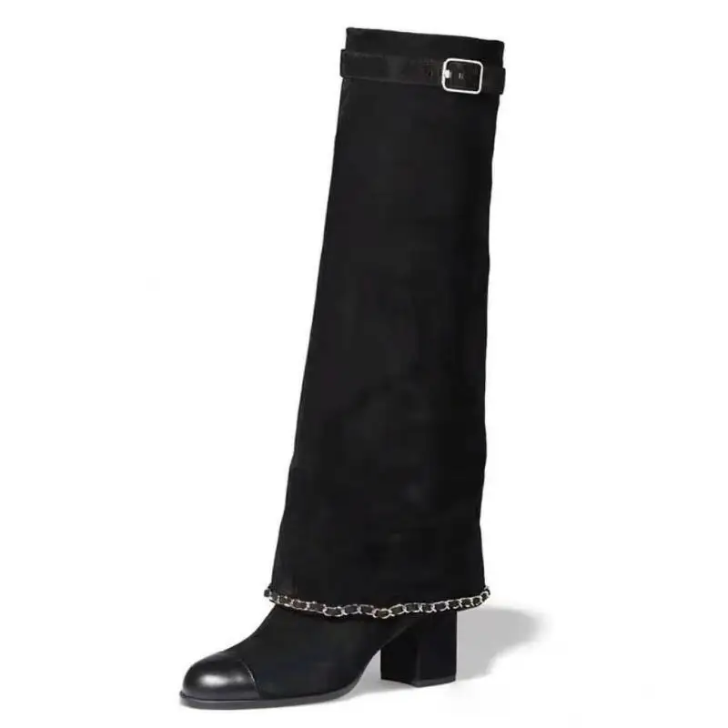 

European and American Fashion New Autumn Winter Knee Length Boots Thick High Heels Leather Stitching Round Toe Women's Shoes