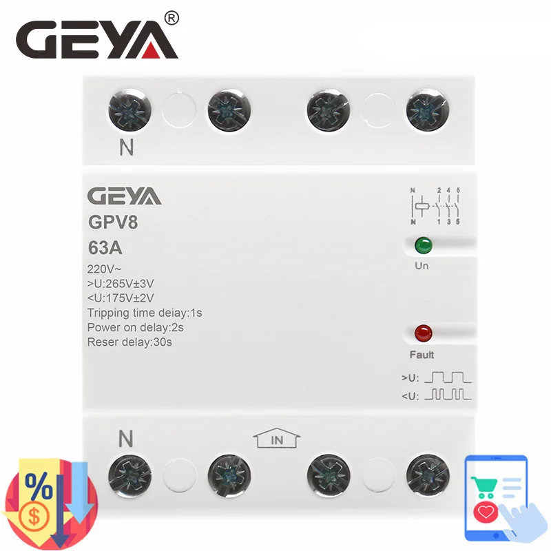 

GEYA GPV8-63 4-полюсный протектор переменного напряжения с автоматическим подключением Защита от перенапряжения 40 А 63 а 3P + N