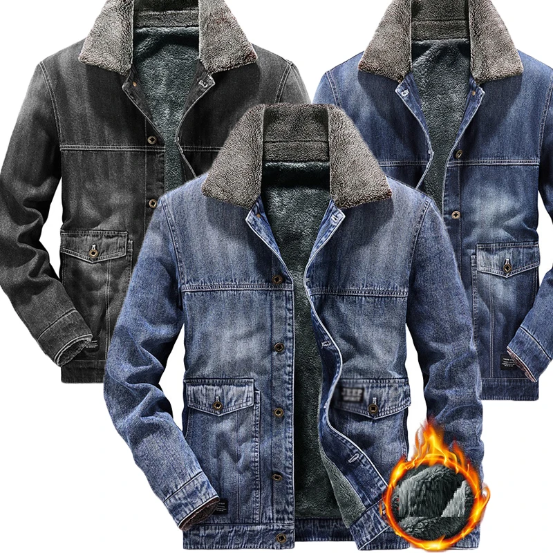 

Men's Winter Denim Jacket Men's Fashion Casual Plus Size Jean Jacket Fur Collar Fleece Velvet Thick Outdoor Warm Denim Overcoats