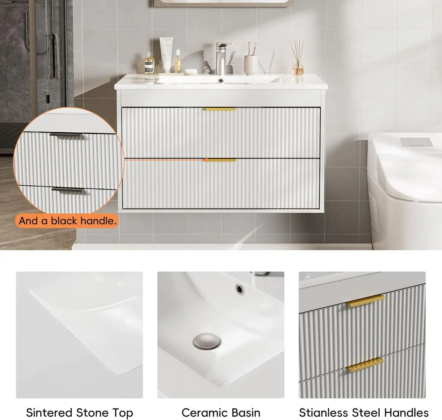 30'' Floating Bathroom Vanities with Sink, Wall Mounted Bathroom Floating Vanity with Ceramic Sink,2 Drawers, Soft-Close Doors 4