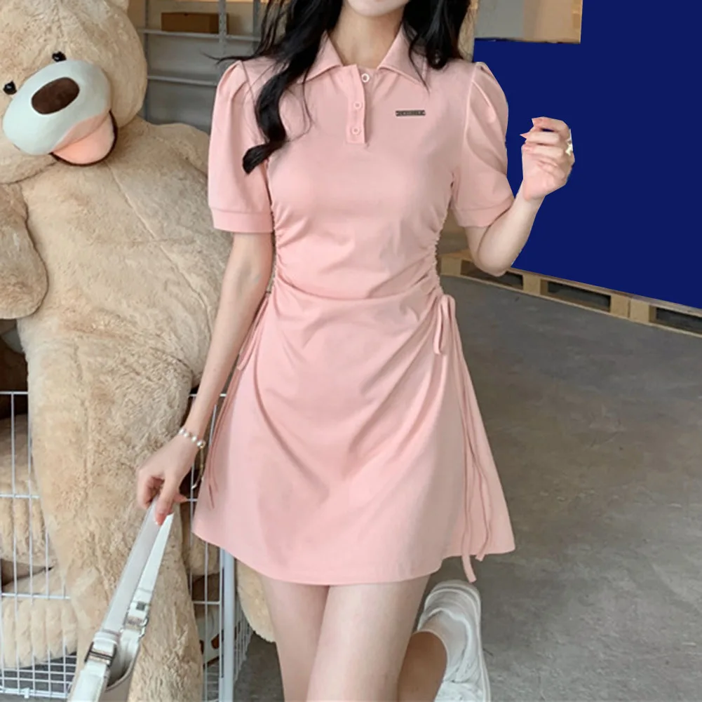 

Mini Dresses Women All-match Hotsweet Korean Style Shirring Summer Aesthetic Short-sleeve Clothing High Street College Daily New