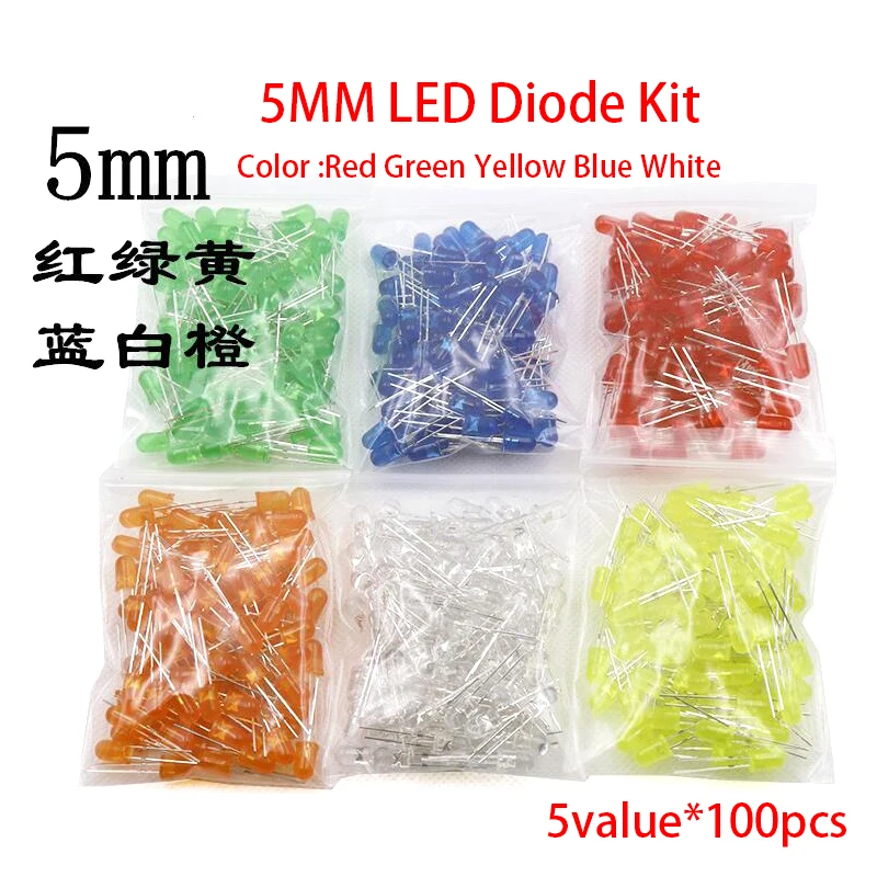 혼합 색상 LED 다이오드 키트, 레드, 그린, 옐로우, 블루, 화이트, 5 값 * 100 개, 로트 당 500 개