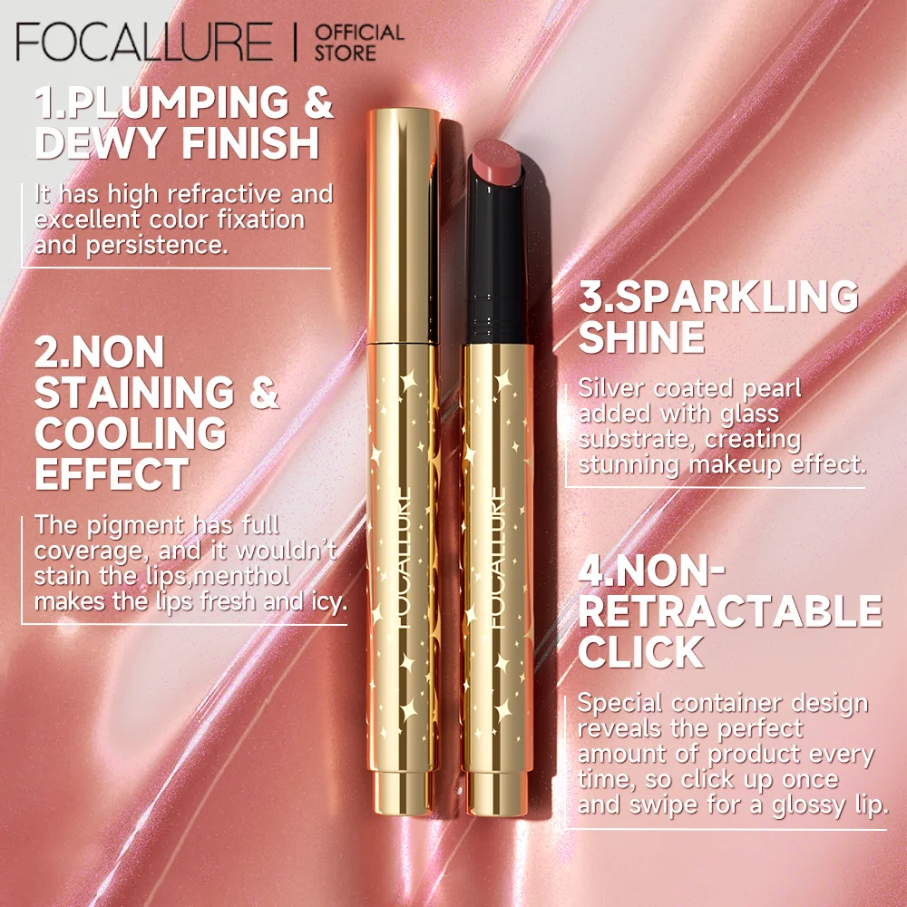 

FOCALLURE Shimmer Lip Gloss Stick Moisturizing Long Lasting Sparkle Lip Gloss Lip Balm 7 Colors Lips Makeup Cosmetics