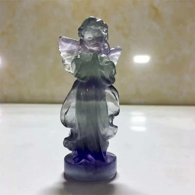 Figurine d'ange en Fluorite naturelle, 1 pièce, artisanat sculpté, pierre précieuse, cristal de guérison, décoration de salle à Quartz Reiki, cadeaux