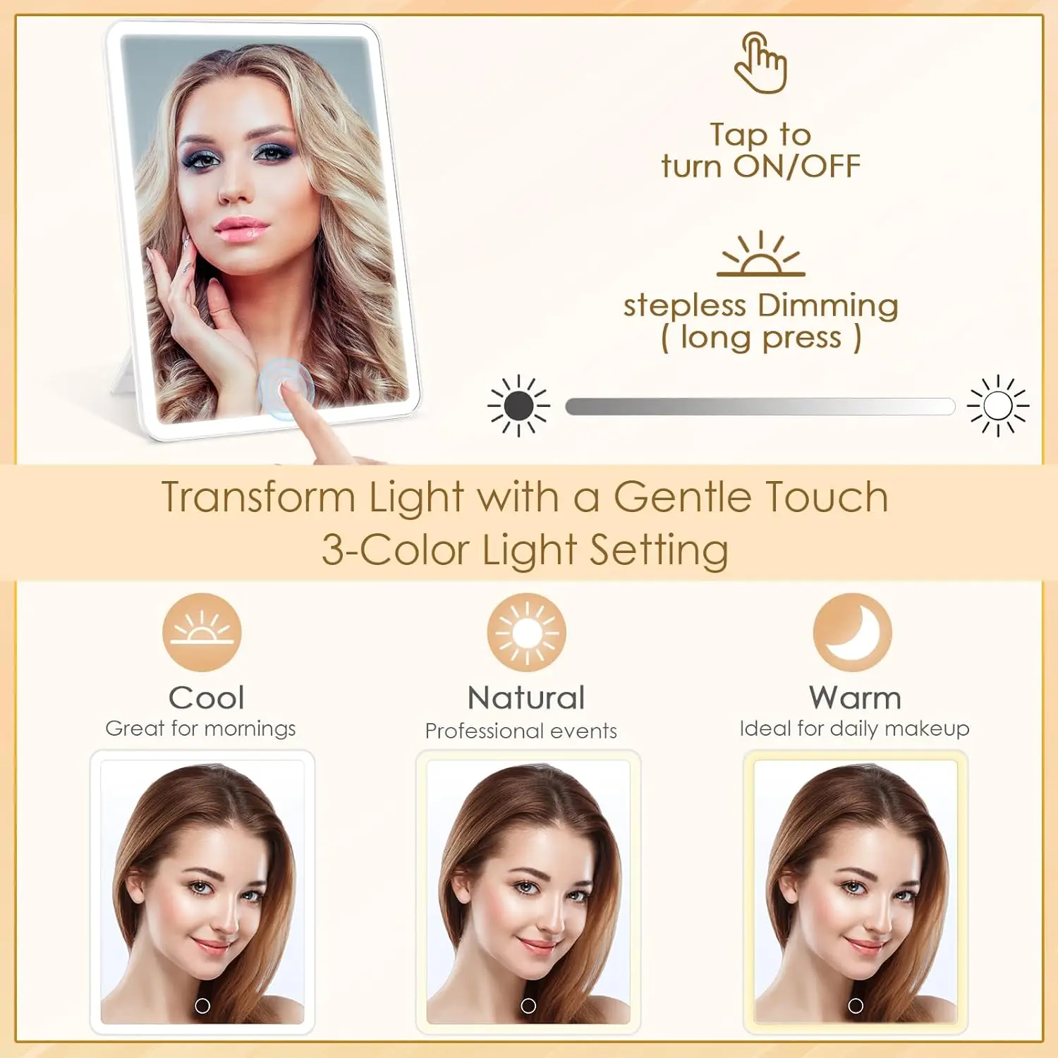 회전식 LED 화장 거울(10배 확대), 휴대용 화장대 거울, 데스크 조명 내장형 컴팩트 여행용 거울(선물용)