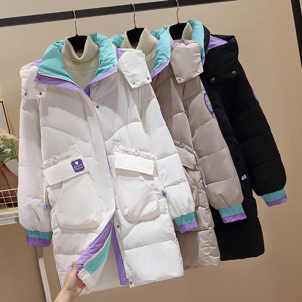 

Oversize Women Winter Hooded Cotton Coats Korean Style Casual Loose Thick Warm Long Quilted Jackets Large Pocket Overcoats M-4XL