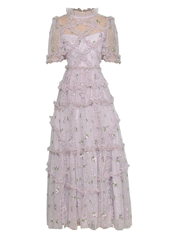 

Fashion New Summer Women'S High Quality Embroidered Mesh Pink Purple Elegant Celebrity Runway Party Sexy Slim Chic Long Dress