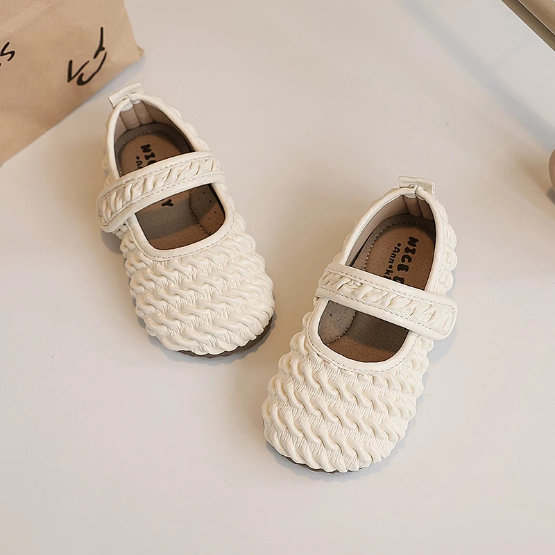 Soft Puff Pleats Design Ballet Flats Baby Kids Cute Round Toe Cream Color Ballerina Shoes Girls Concise Versatile Dress Zapatos