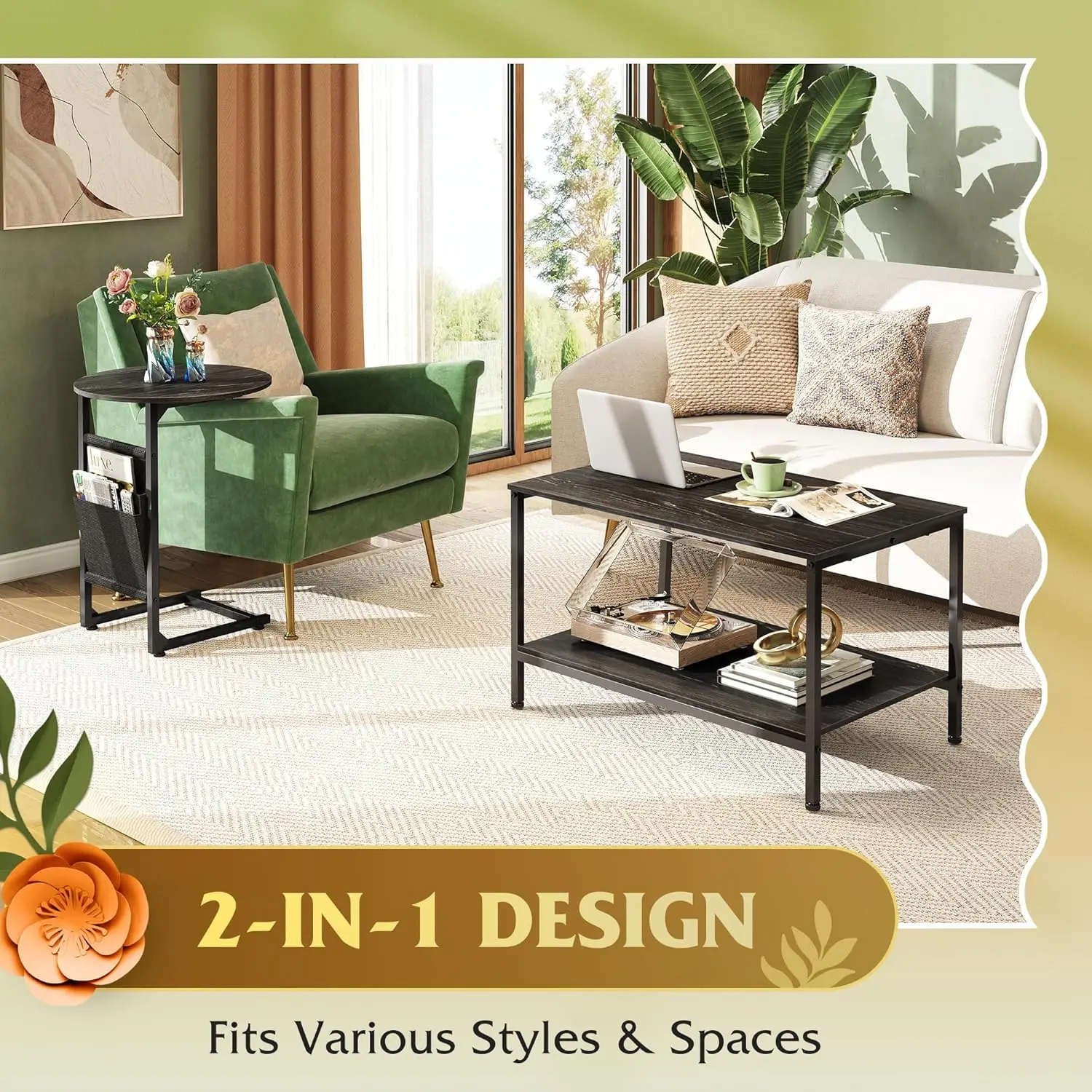Coffee Table, 31.3" and 18.7" Small Coffee Tables for Living Room, Modern Center Table and Side Table Set withStorage Side Pouch 3