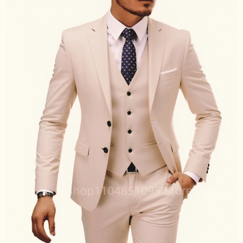 High Quality Formal 3 Piece Men Suits Single Breasted Blazer Vest Pants Slim Fit Wedding Business Costume Homme for Party Prom