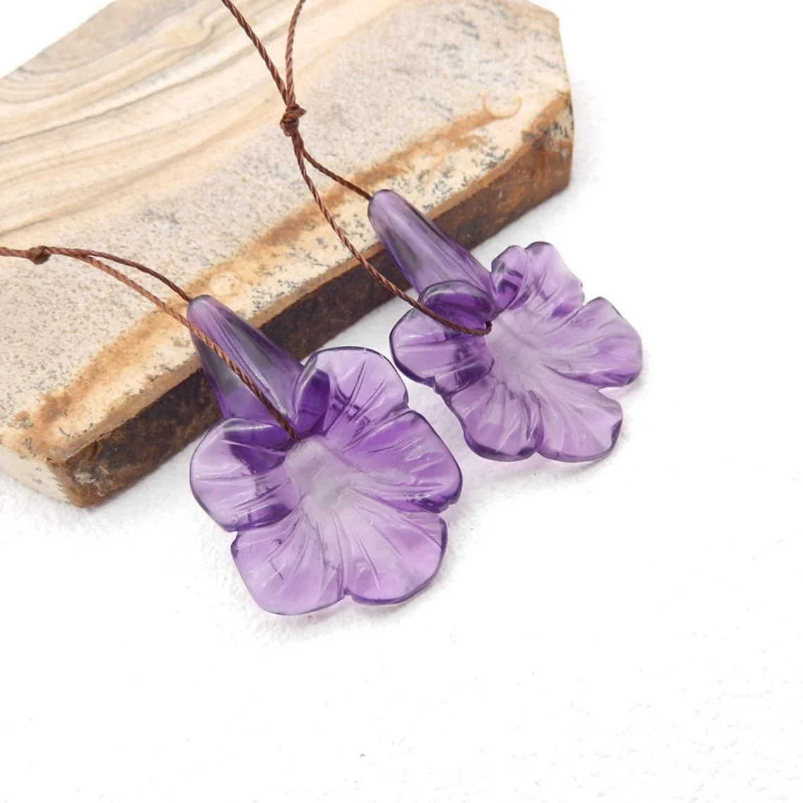 Carved Amethyst Flower Gemstone Earring Beads, Gemstone For Jewelry DIY Making, 35x23x8mm, 8.8g