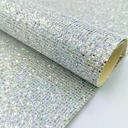 Holographic Iridescent Glitter PU Leatherette Fabric - Starry Sky Plaid - A4 20 x 30cm (Silver)