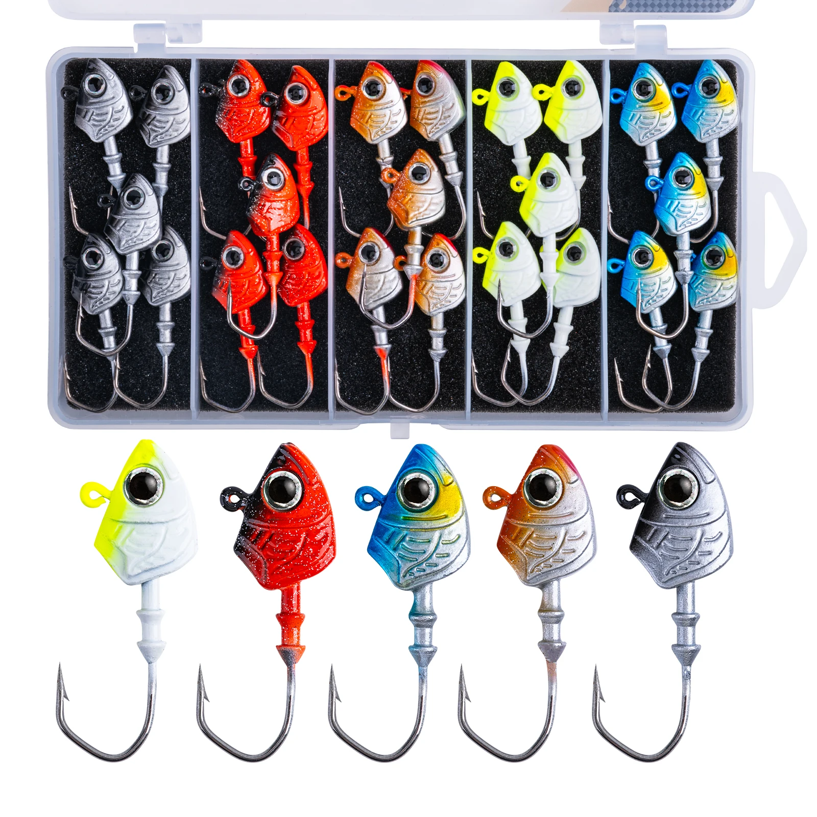 

Goture 25pcs/box Jig Head Hook 7g 10g 14g 21g 28g 32g Crank Hard Bait Soft Worm Fishhook 4cm-6.5cm with 3D Eyes Fishing Tool