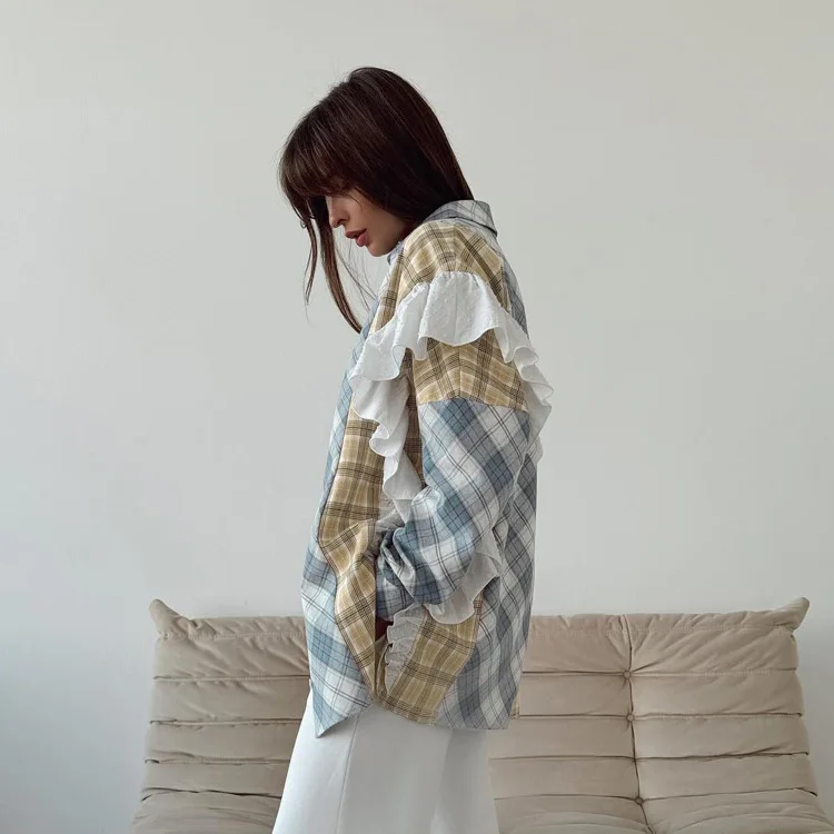 Ruffled Fashion Patchwork Shirts Women's Long Sleeve Lapel Cardigan Striped Contrast Clothes For Women Summer Shirts Coat