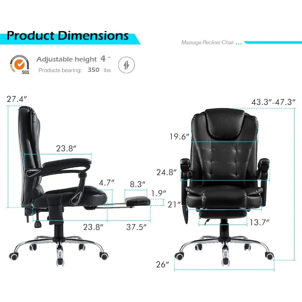 Ergonomic Reclining Office Chair, Heat & Massage High Back Desk Chair w/Retractable Footrest, Executive Swivel Leather Chair 3