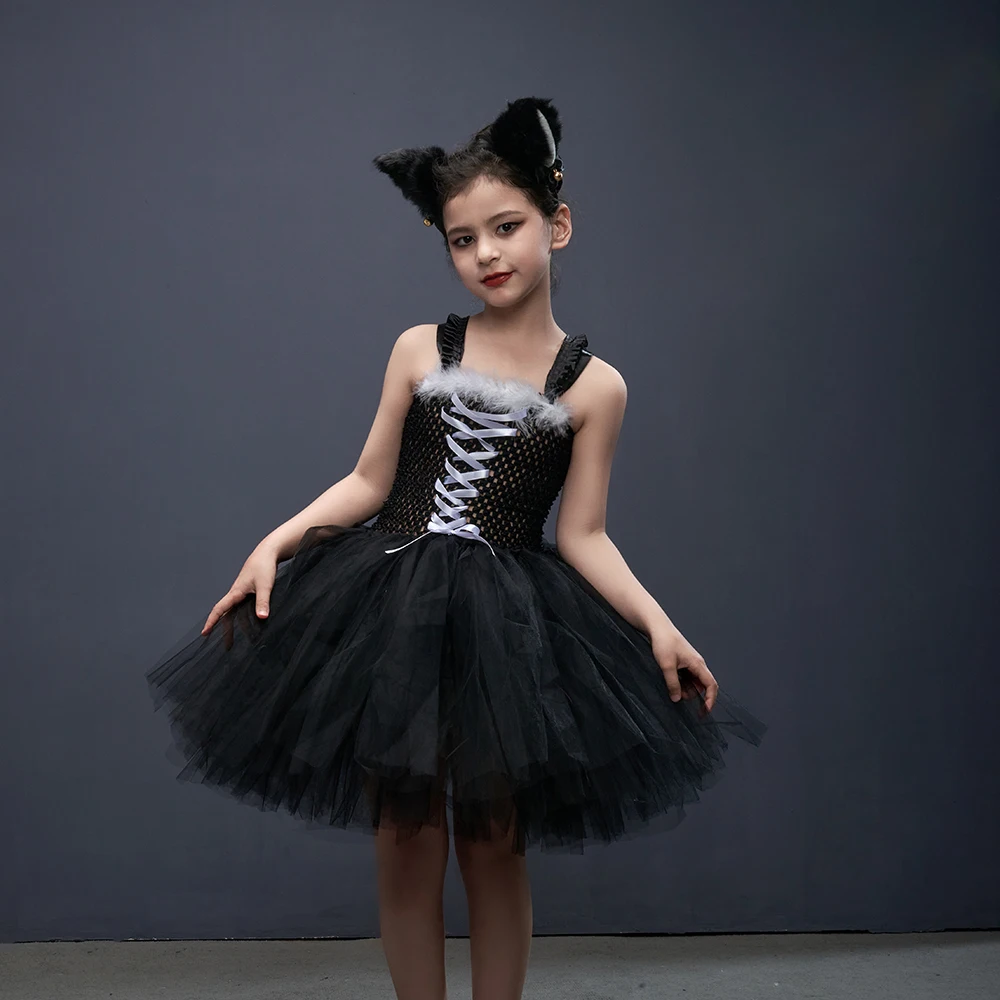Disfraz de Halloween de gato negro para niños, vestido de tutú de