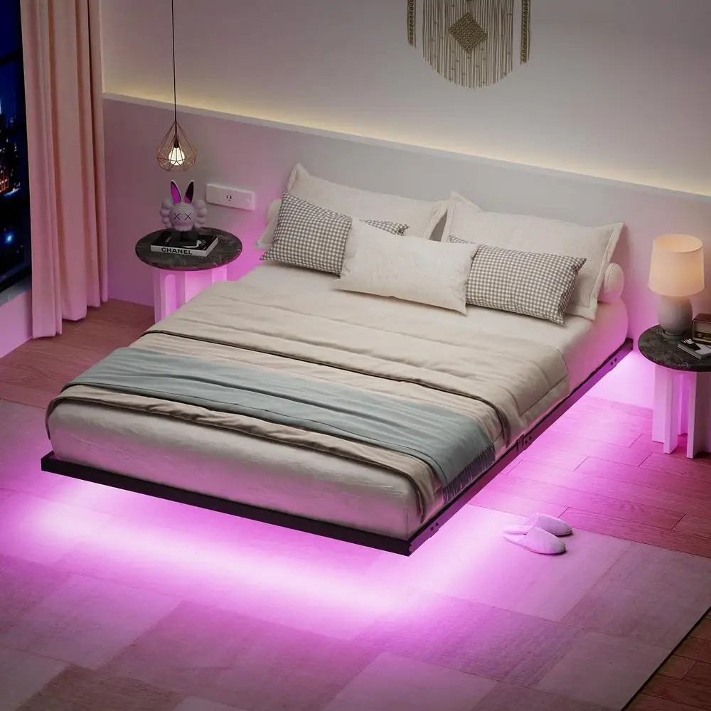 Floating Bed Frame Queen Size with Hidden LED Lights Adjustable Brightness No Box Spring Needed Metal Platform with Storage 2