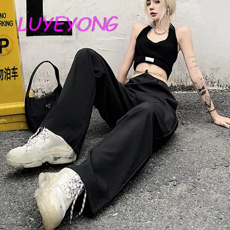 

2023 Spring Black Cargo Long Pants Straight Pants For Women Dance Streetwear Lady Hollow Out Chains Belt Girl Trousers