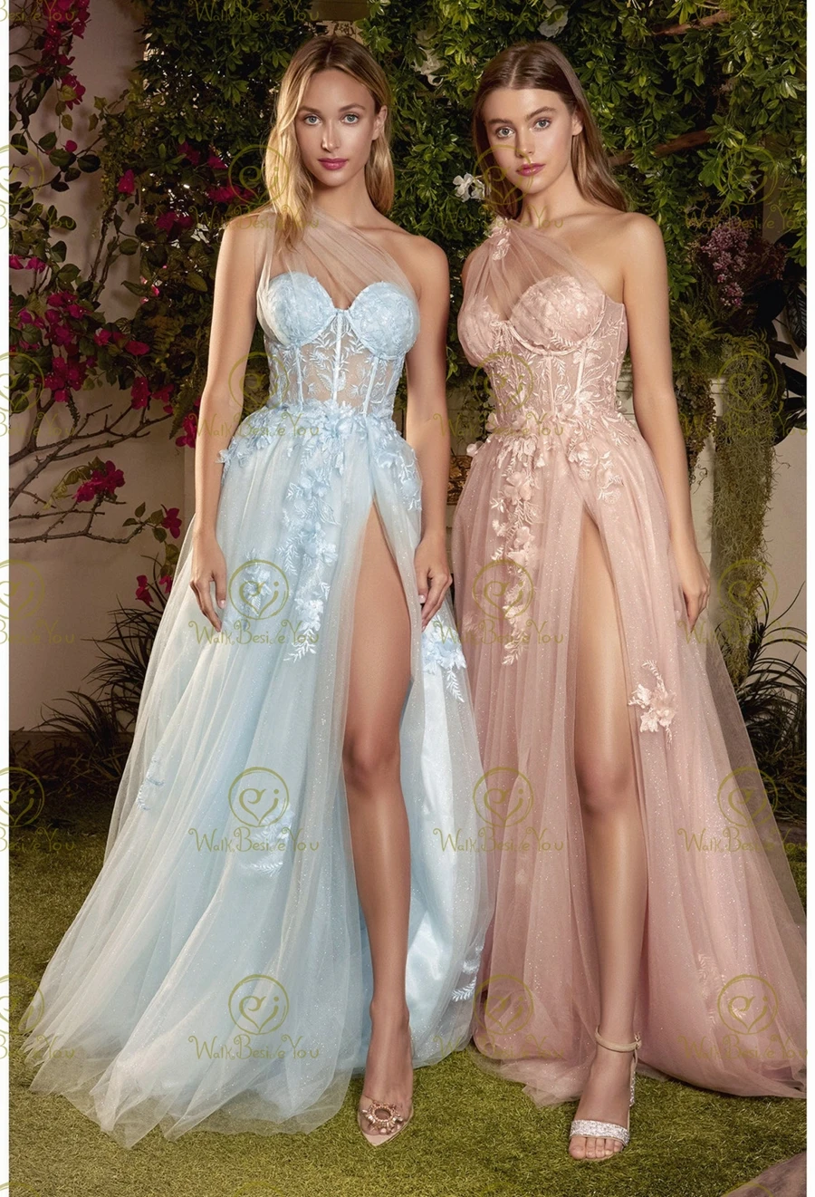 Tulle Formal Prom Gown Long Sheer Boning Bodice One Shoulder
