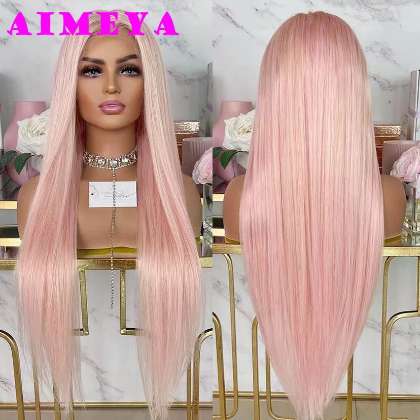 AIMEYA Light Pink Long Straight Wig Synthetic Hair Pink Lace Front
