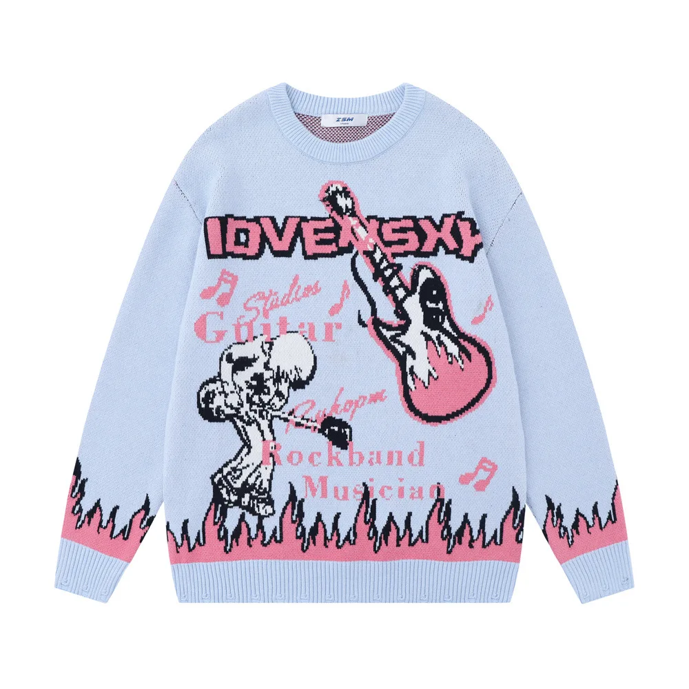 

Rock and Roll Anime Flame Jacquard Pullover Men Fashion Contrasting Color Long Sleeved Knit Couples Comfortable Harajuku Sweater