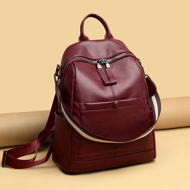 

Leather Backpacks School Backpack for Teenage Girls Mochila Sac A Dos Large Capacity Double Zip Women's Backpack Wine Red Women