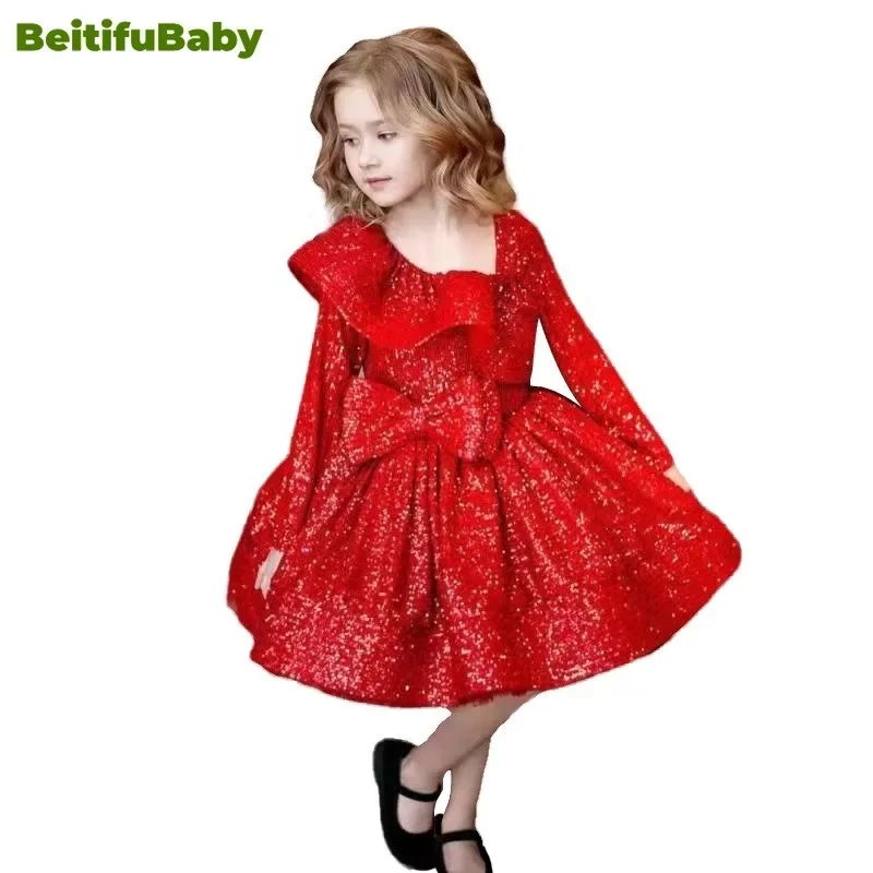 BeitifuBaby 공주 스타일 어린이 파티 원피스, 긴팔 스팽글 프릴 활 짧은 치마, 웨딩 파티 꽃 소녀 드레스