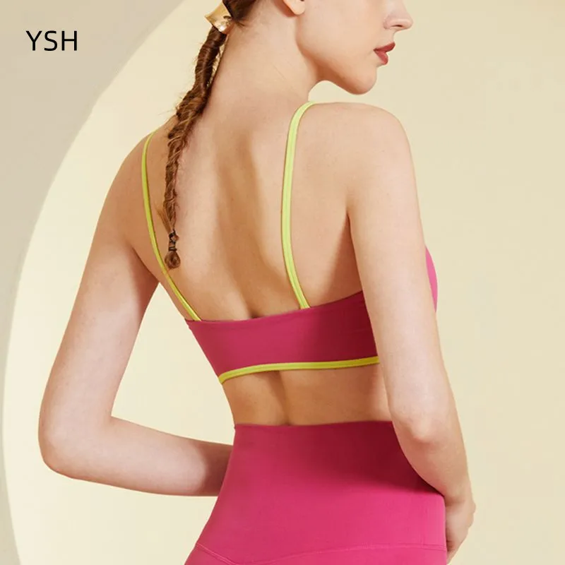 

YUSHUHUA Contrast Splicing Yoga Bra Thin Shoulder Strap Sport Bras Women Sexy V Neck Fitness Running Tops Sling Sportswear Gym