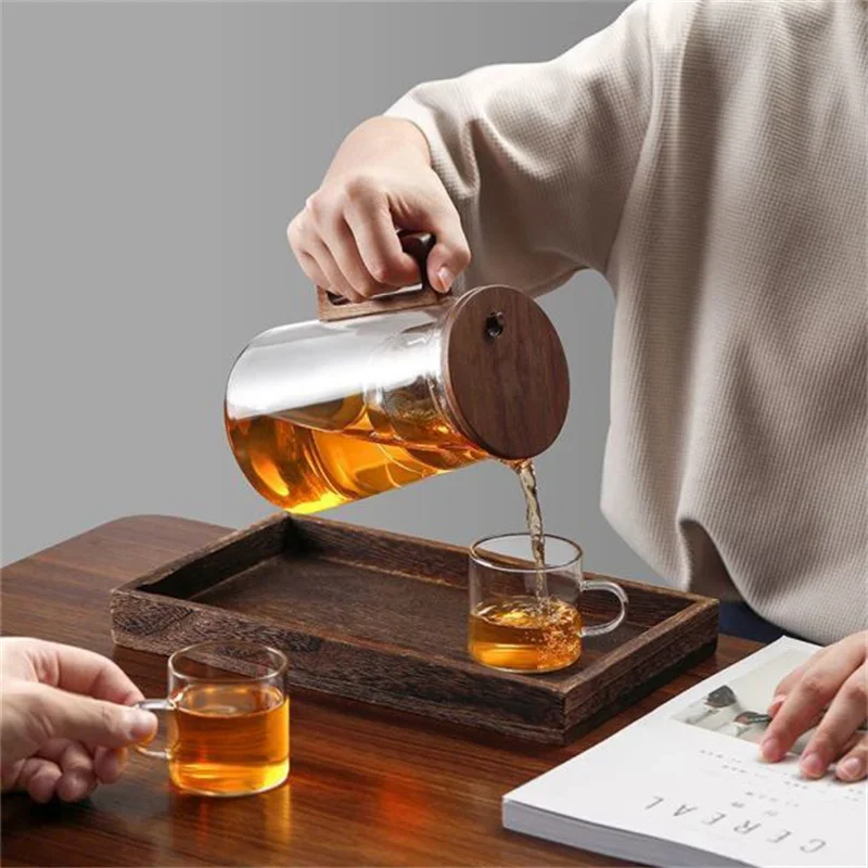 

With Filtering Container Filter Infuser Walnut Glass One Wood Pot Water Teapot Tea Handle Inner Separation Click