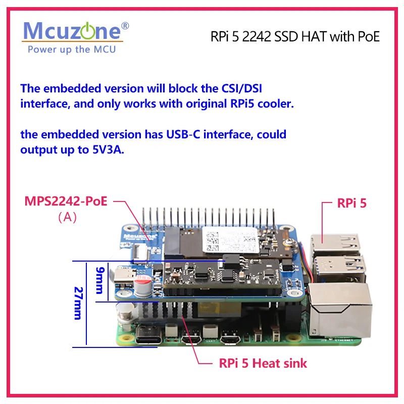 MPS2242-POE HAT,PoE ethernet powered for Raspberry Pi5, PCIE to NVME SSD, support 2242,2230,POE output up to 5V4.5A