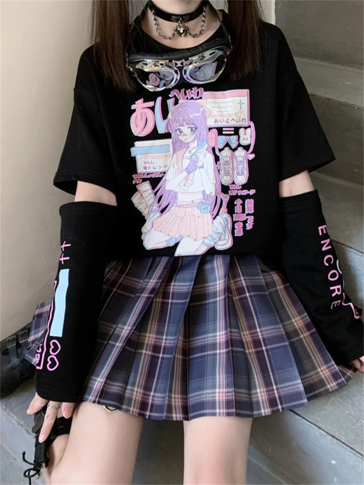 

Women's Japanese Style Shirt with Split Sleeves Girl Tee Kawaii T-shirts Cartoon Anime Gothic Goth Print Female Clothes